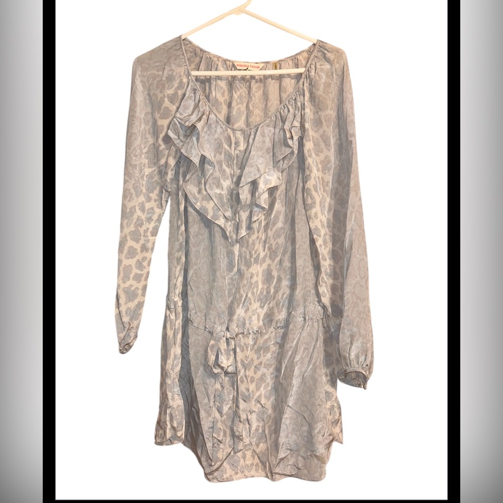 Rebecca Taylor 100% Silk Ruffle Leopard Print Mini Dress Gray Blue Size 8